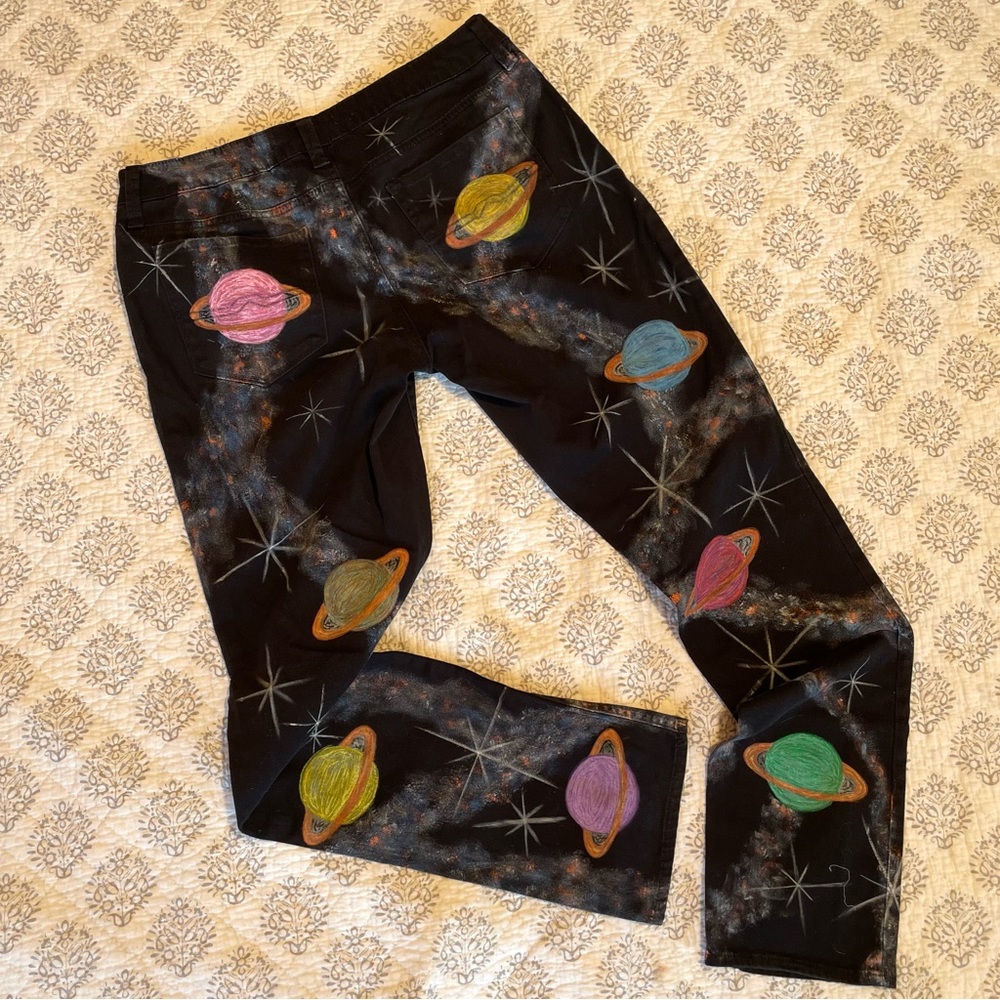 Hand Painted Black Jeans with Vibrant Planets and Stars Design OOAK Size 9 - Picture 6 of 14